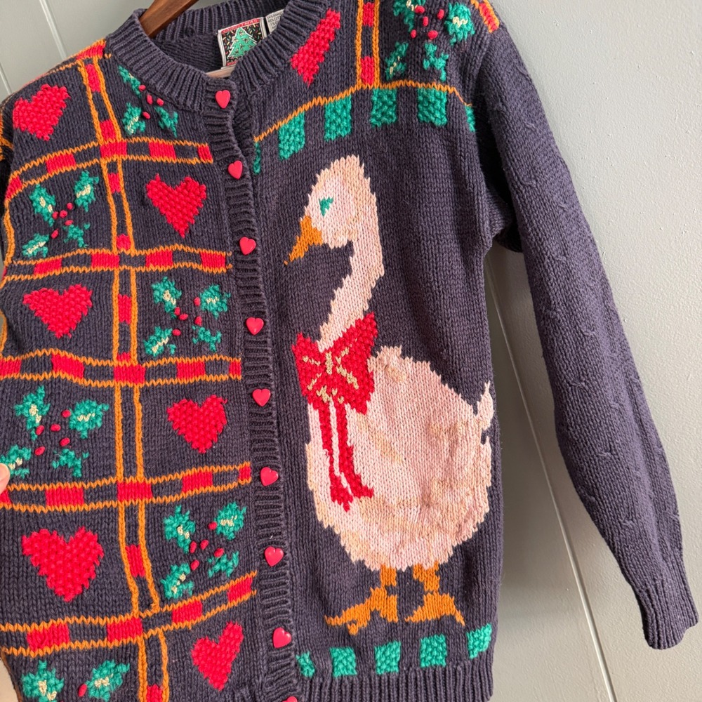 Vtg Casual Corner Christmas Porch Goose Heart Button Cardigan Sweater Navy Small - Picture 1 of 9